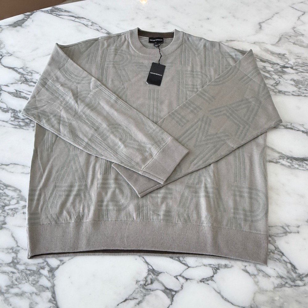 Emporio Armani Mens Gray Logo Jacquard Wool Blend Sweater EMOO5969 XXXL NEW